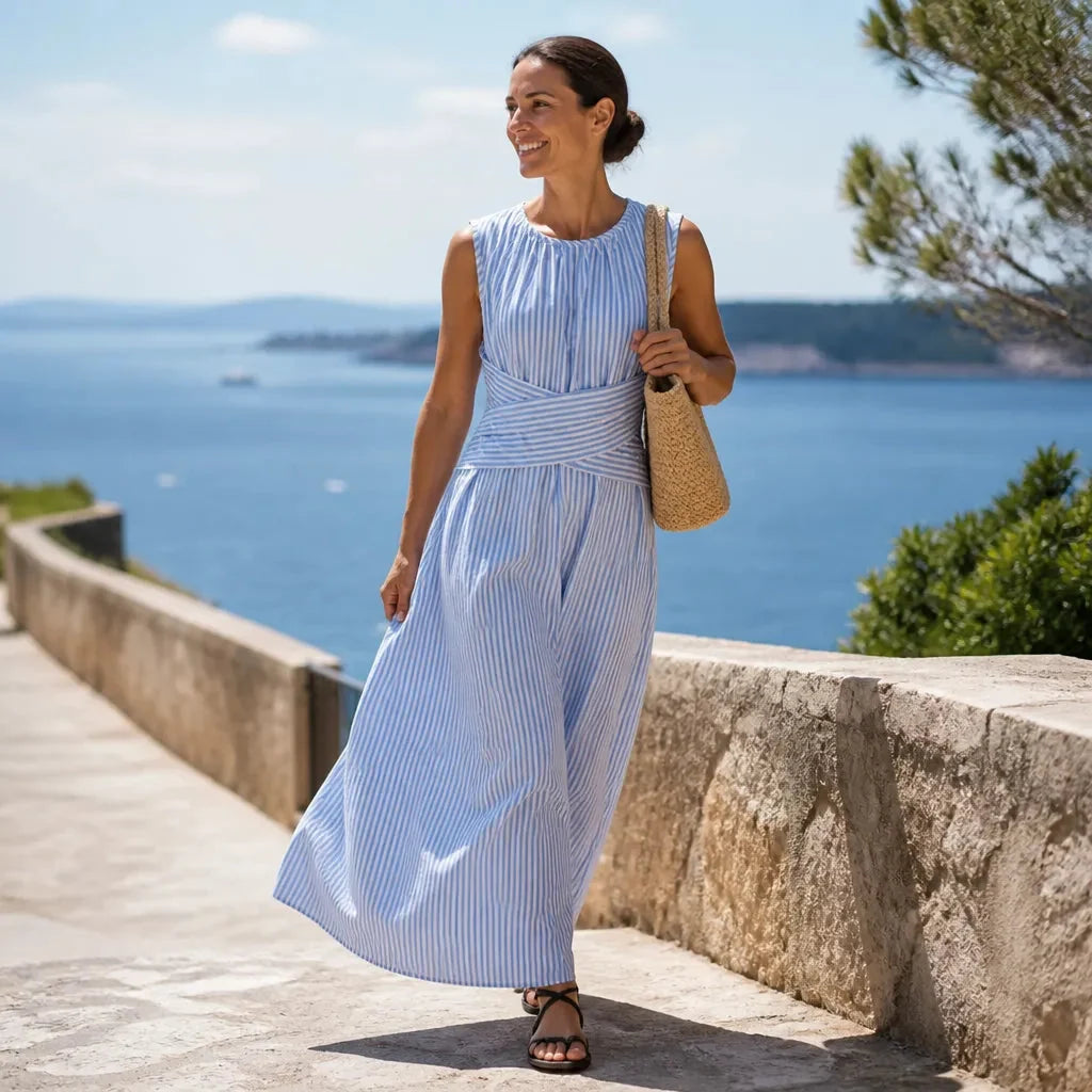 Marellé – Robe Maxi à Enveloppe Rayée Sans Manches