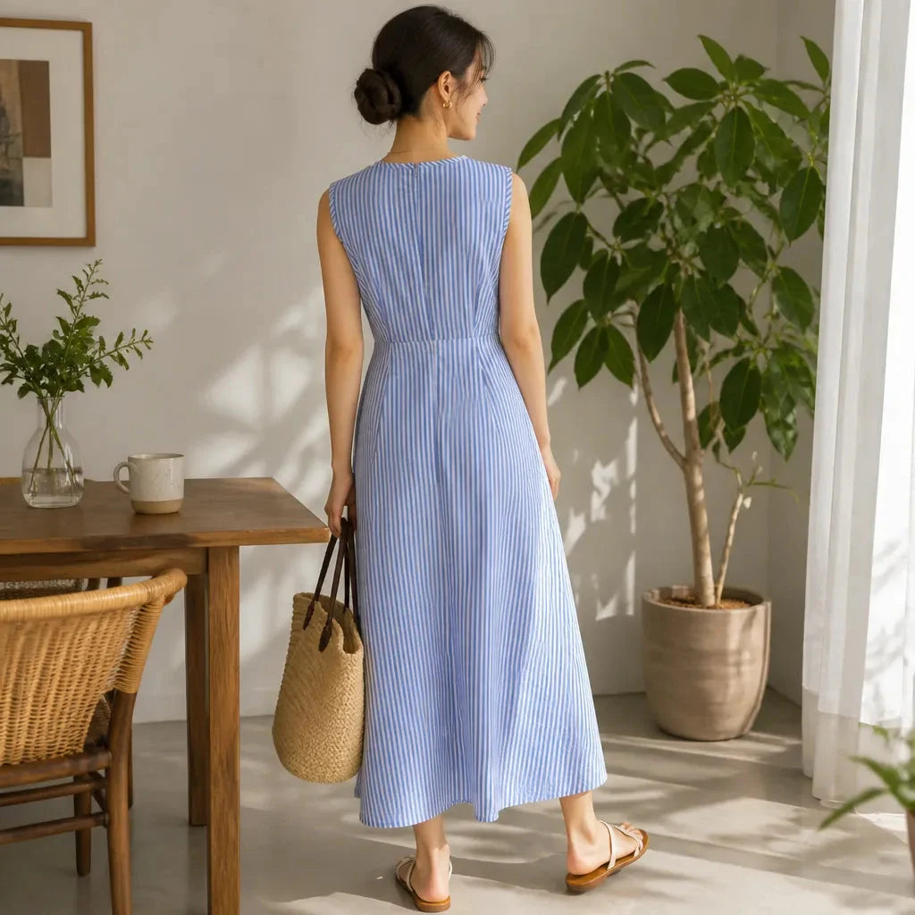 Marellé – Robe Maxi à Enveloppe Rayée Sans Manches