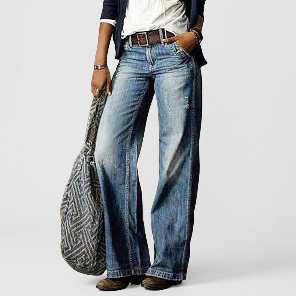 Jean Femme Denim Vintage Jambe Large Taille Haute Coupe Décontractée