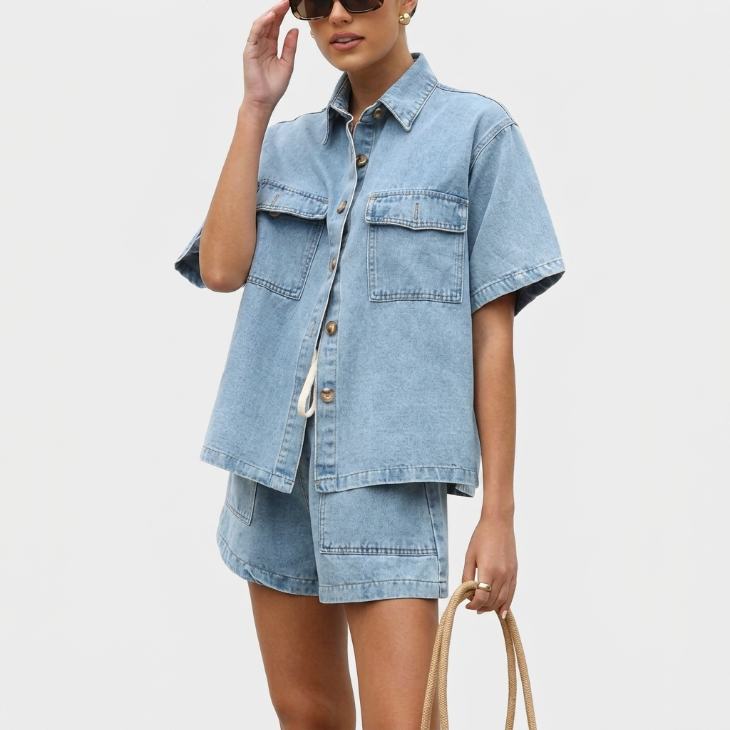 Ensemble Femme Denim Deux Pièces Chemise et Short Décontracté