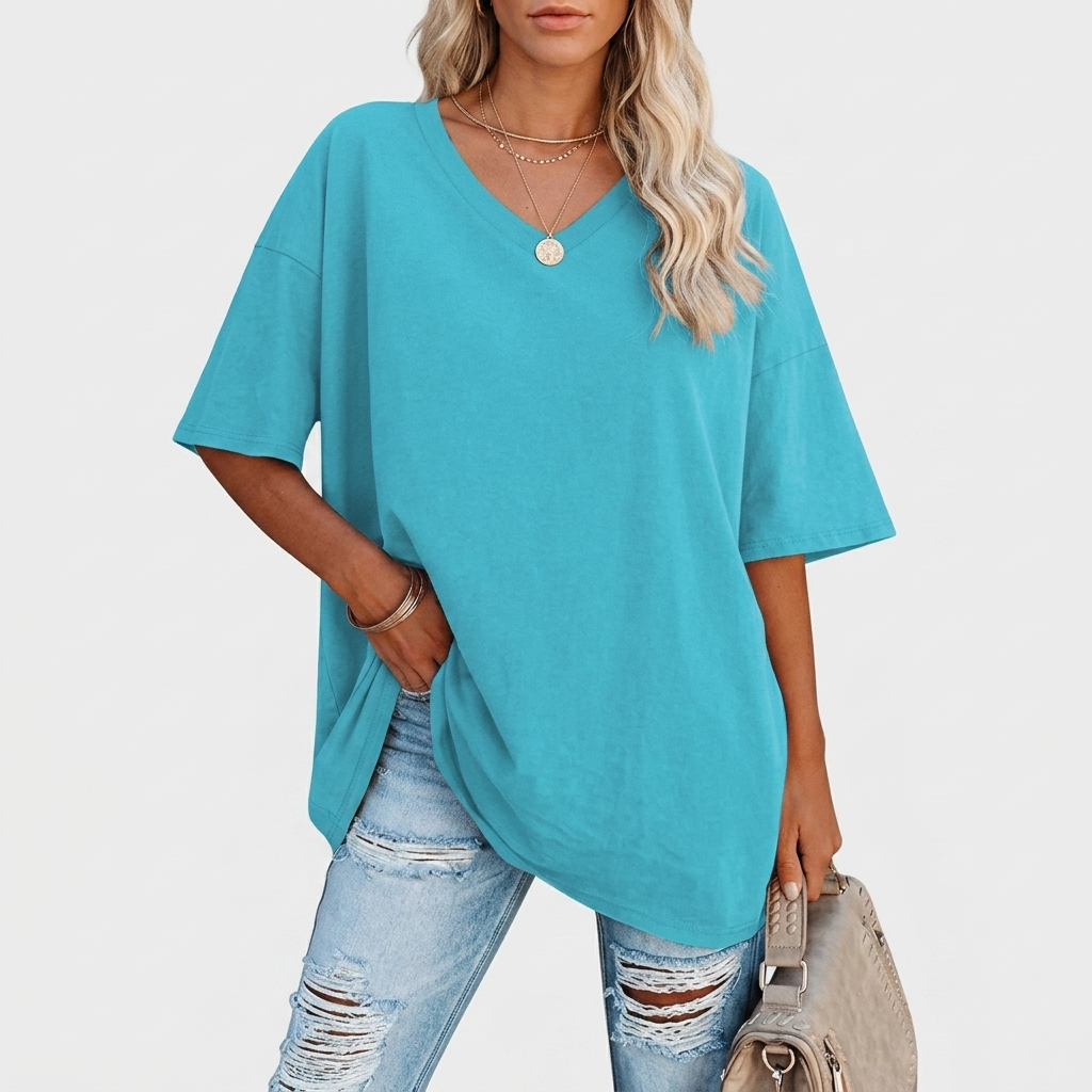 T-Shirt Femme Col V Coupe Ample Haut Décontracté Quotidien