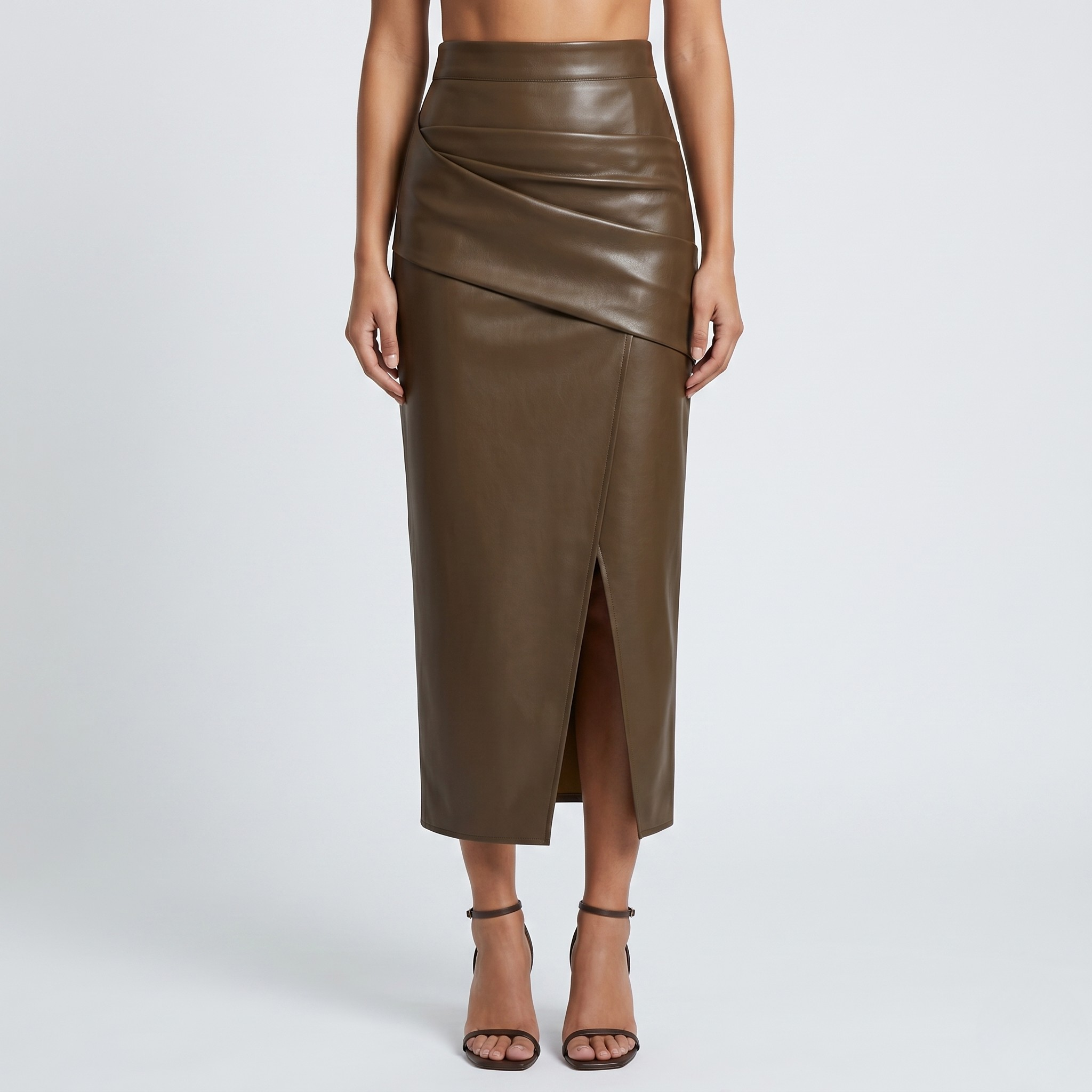 Jupe Midi Femme Froncée avec Fente Taille Haute Coupe Ajustée Élégante