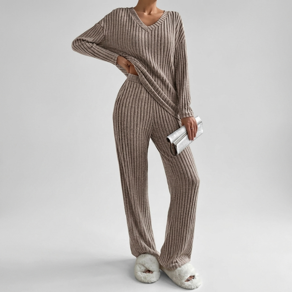 Ensemble Femme Deux Pièces Décontracté Tenue Assortie Côtelée Confortable