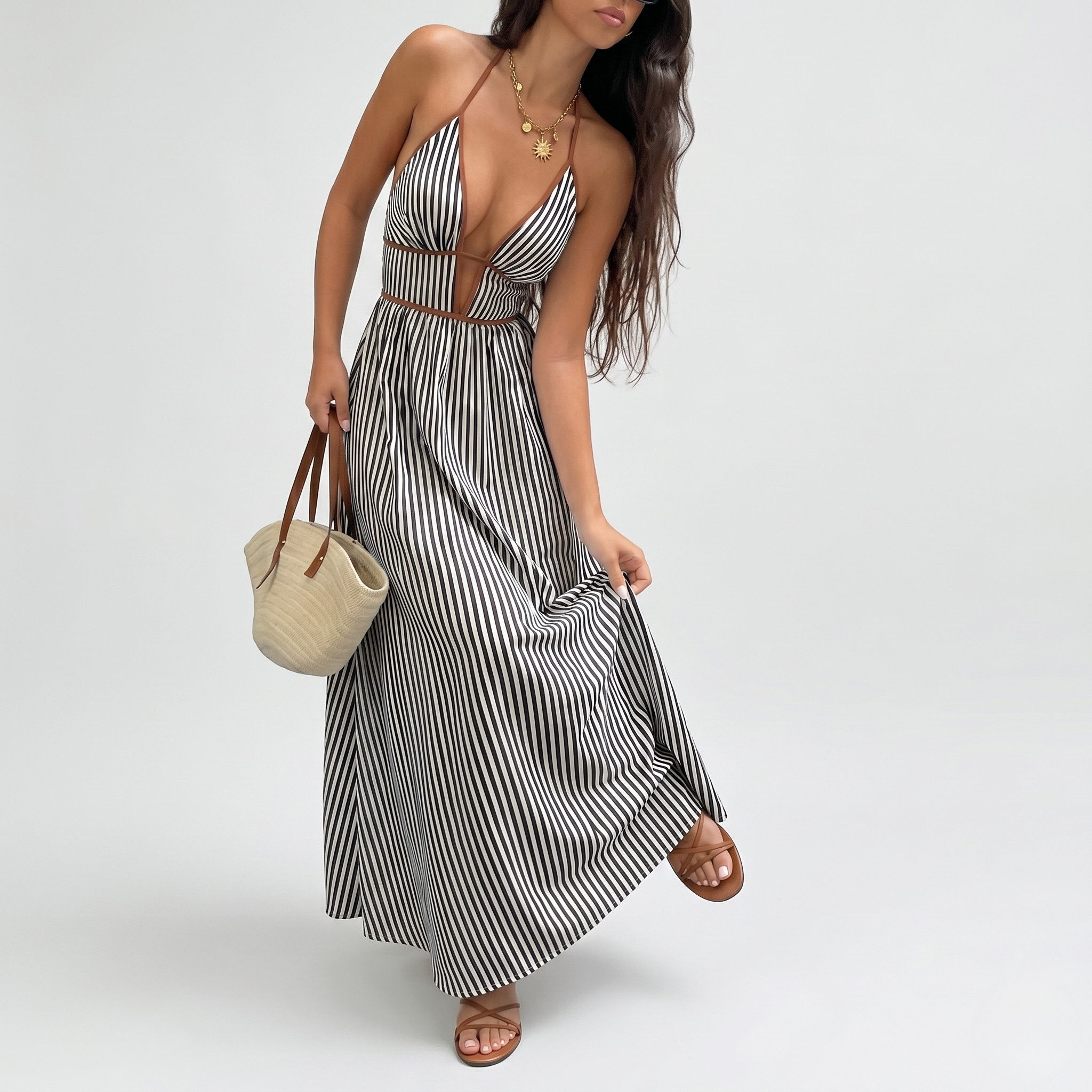 Robe Maxi Femme Rayée Col Halter Sans Manches Col V Élégante d’Été