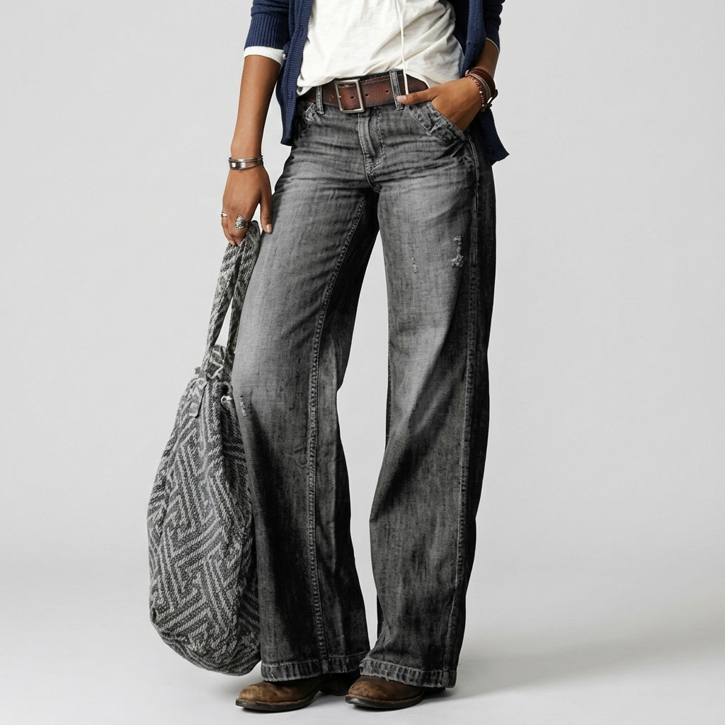 Jean Femme Denim Vintage Jambe Large Taille Haute Coupe Décontractée