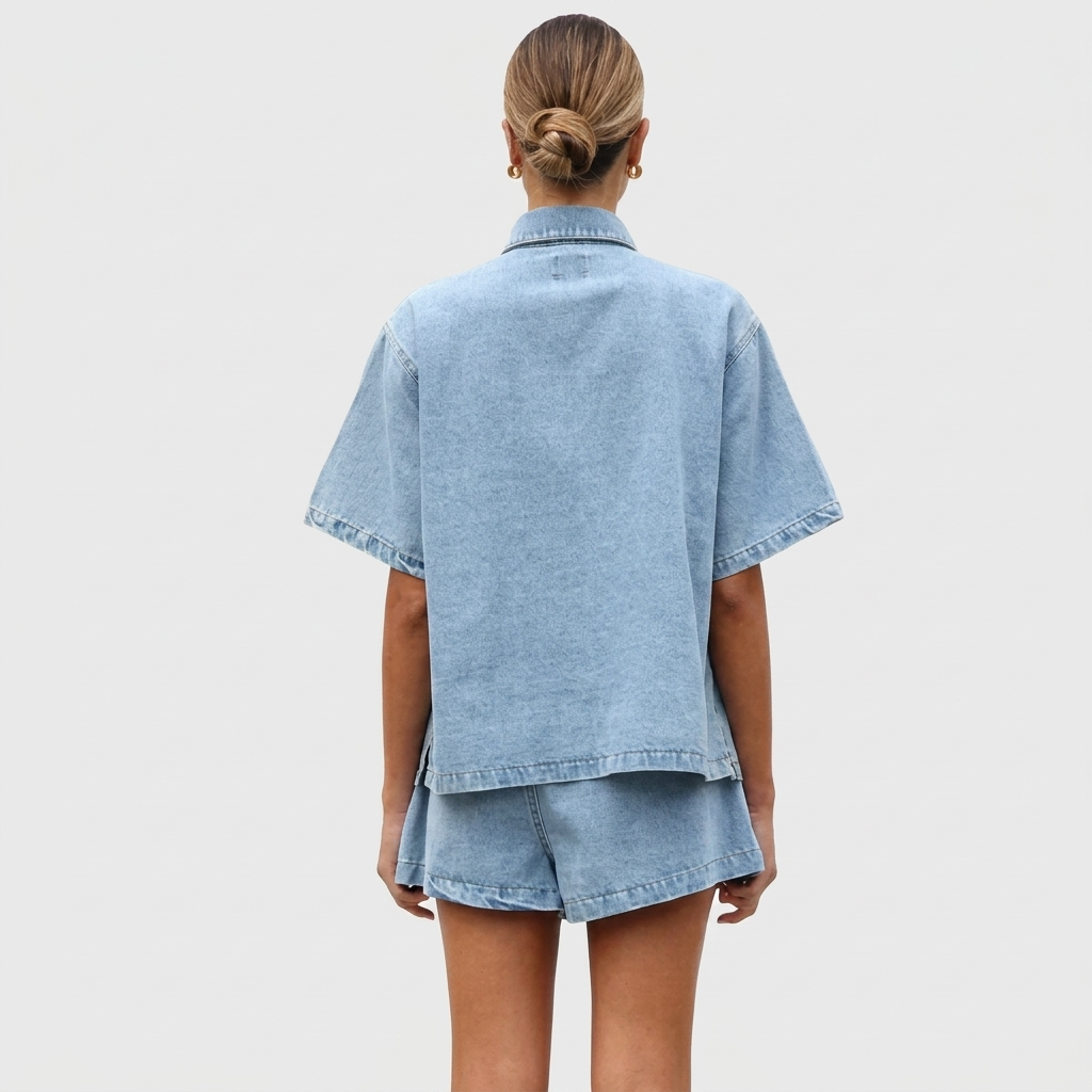 Ensemble Femme Denim Deux Pièces Chemise et Short Décontracté