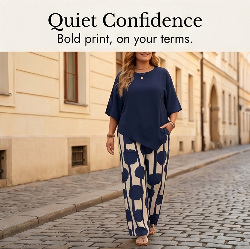 Luna – Ensemble 2 pièces drapé asymétrique pour femmes avec pantalons imprimés à jambes larges