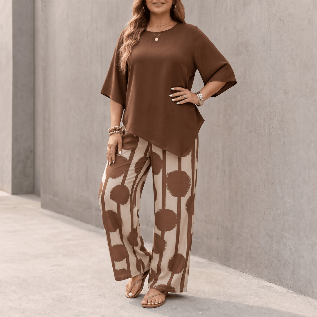 Luna – Ensemble 2 pièces drapé asymétrique pour femmes avec pantalons imprimés à jambes larges