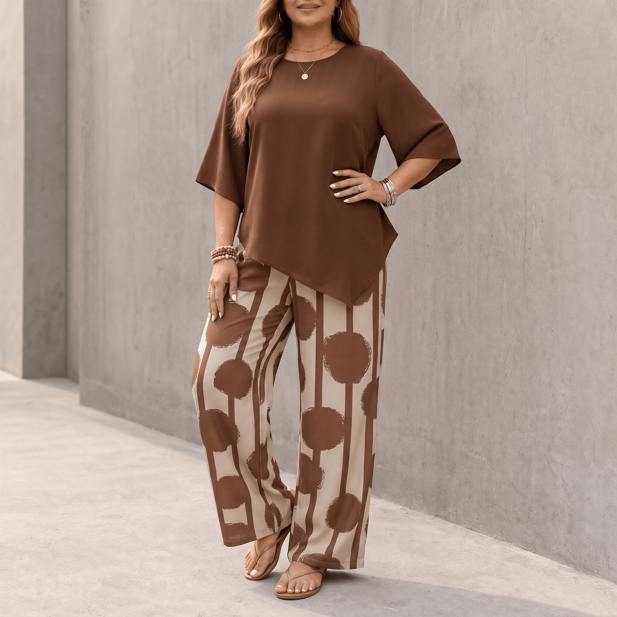 Luna – Ensemble 2 pièces drapé asymétrique pour femmes avec pantalons imprimés à jambes larges