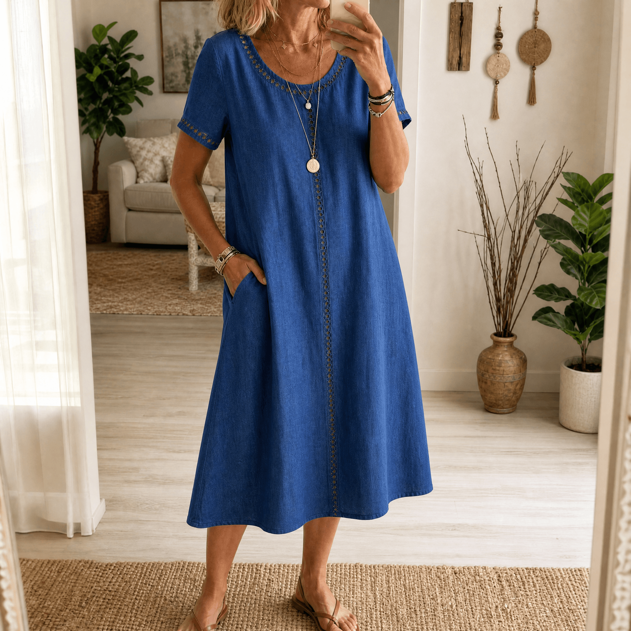 Lunavia – Robe Midi en Lin avec Détails en Broderie