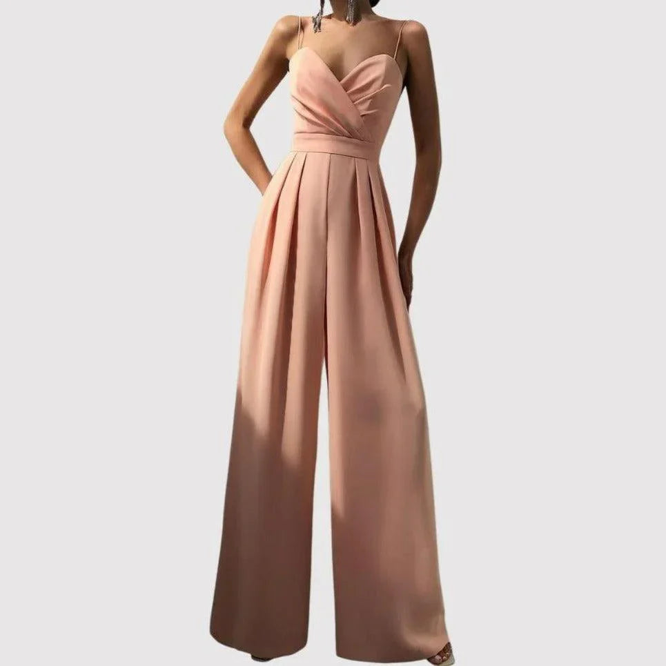 Combinaison Longue en Polyester avec Col en V et Pantalon à Jambe Large pour Femme