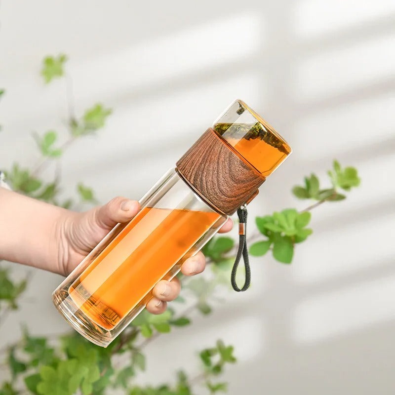 WoodGlass Thermo – Bouteille Isotherme Portable Transparente avec Filtre à Thé pour Boissons Saines à Emporter