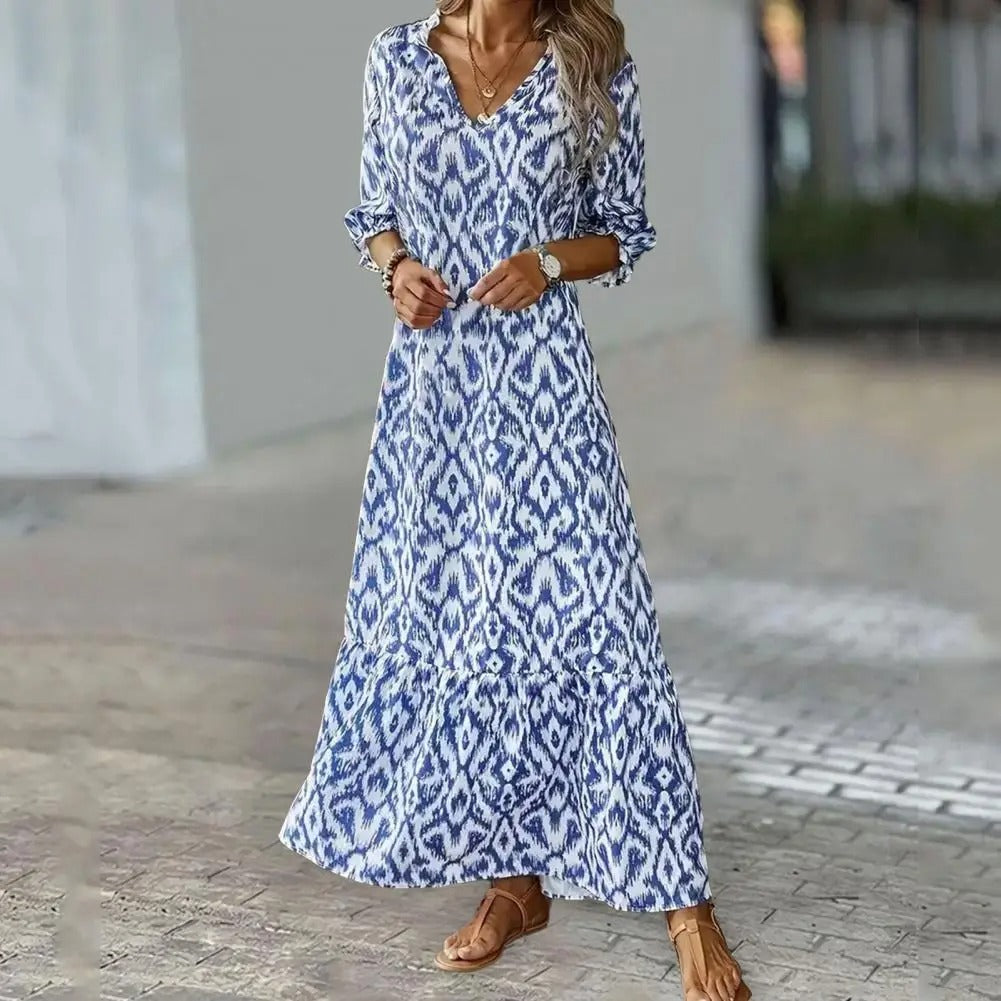 Robe Longue à Imprimé Bohémien Décolleté en V et Manches Mi-Longues pour Femme