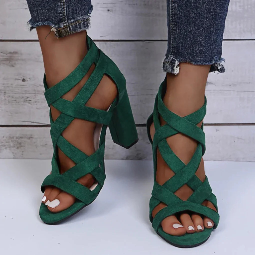 Sandales à Talons Hauts pour Femmes en Daim de Vache avec Fermeture Éclair et Bout Ouvert