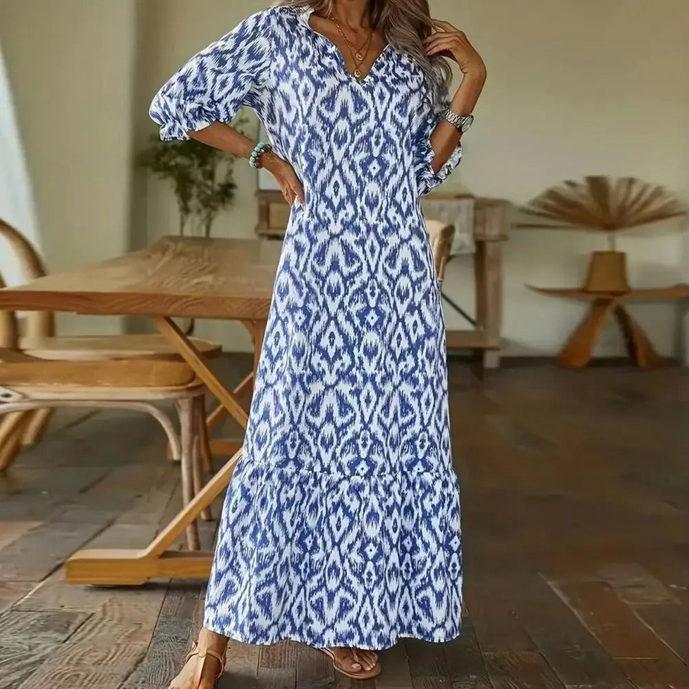 Robe Longue à Imprimé Bohémien Décolleté en V et Manches Mi-Longues pour Femme