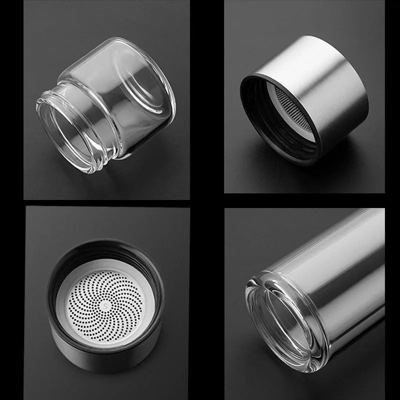 WoodGlass Thermo – Bouteille Isotherme Portable Transparente avec Filtre à Thé pour Boissons Saines à Emporter