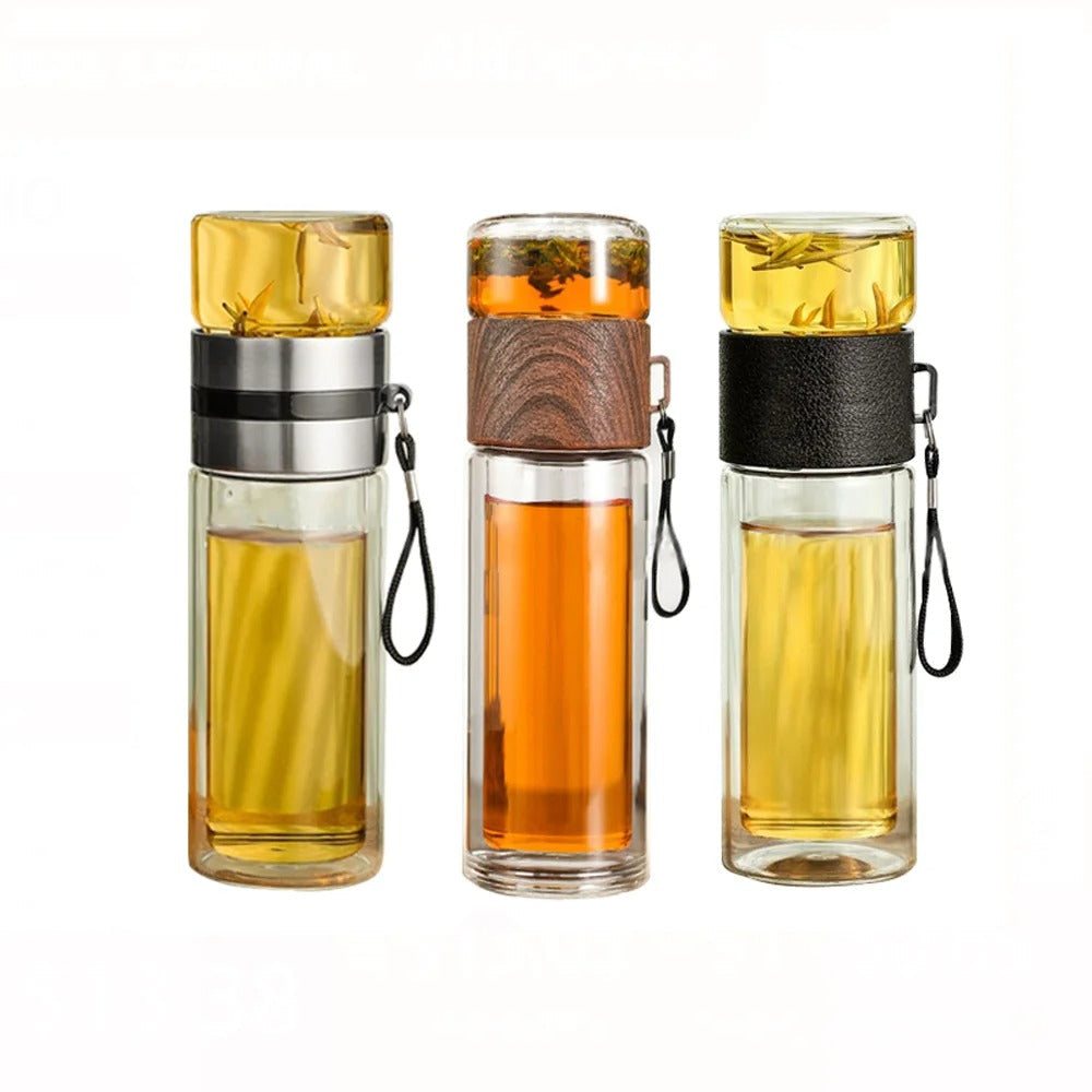 WoodGlass Thermo – Bouteille Isotherme Portable Transparente avec Filtre à Thé pour Boissons Saines à Emporter