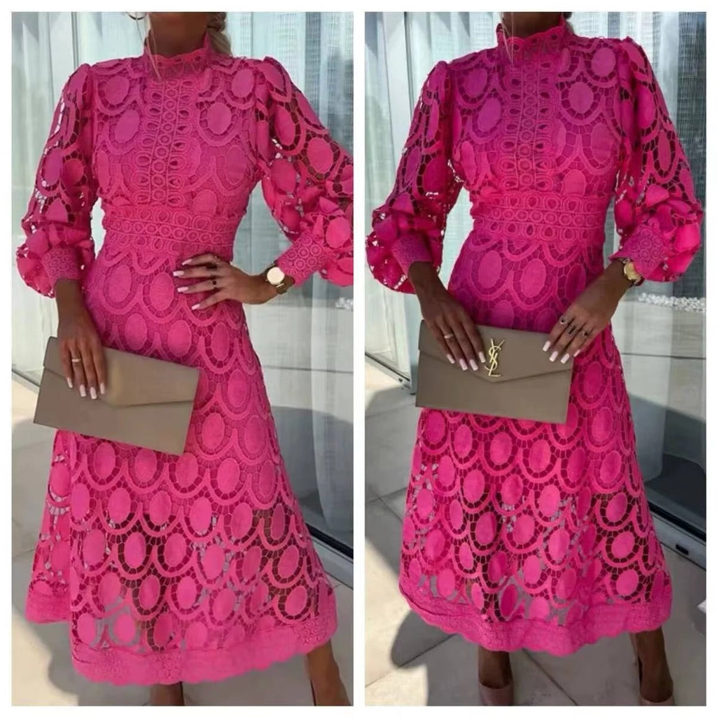 Robe Maxi d'Été en Dentelle Rose
