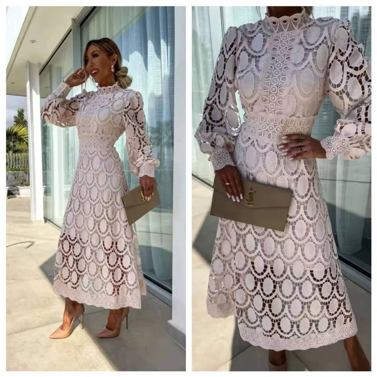Robe Maxi d'Été en Dentelle Rose