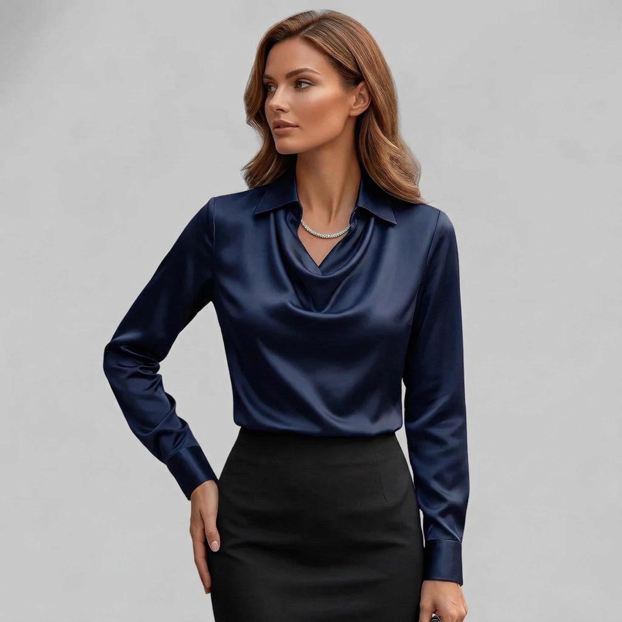 Blouse Femme Élégante Col Cascade Manches Longues