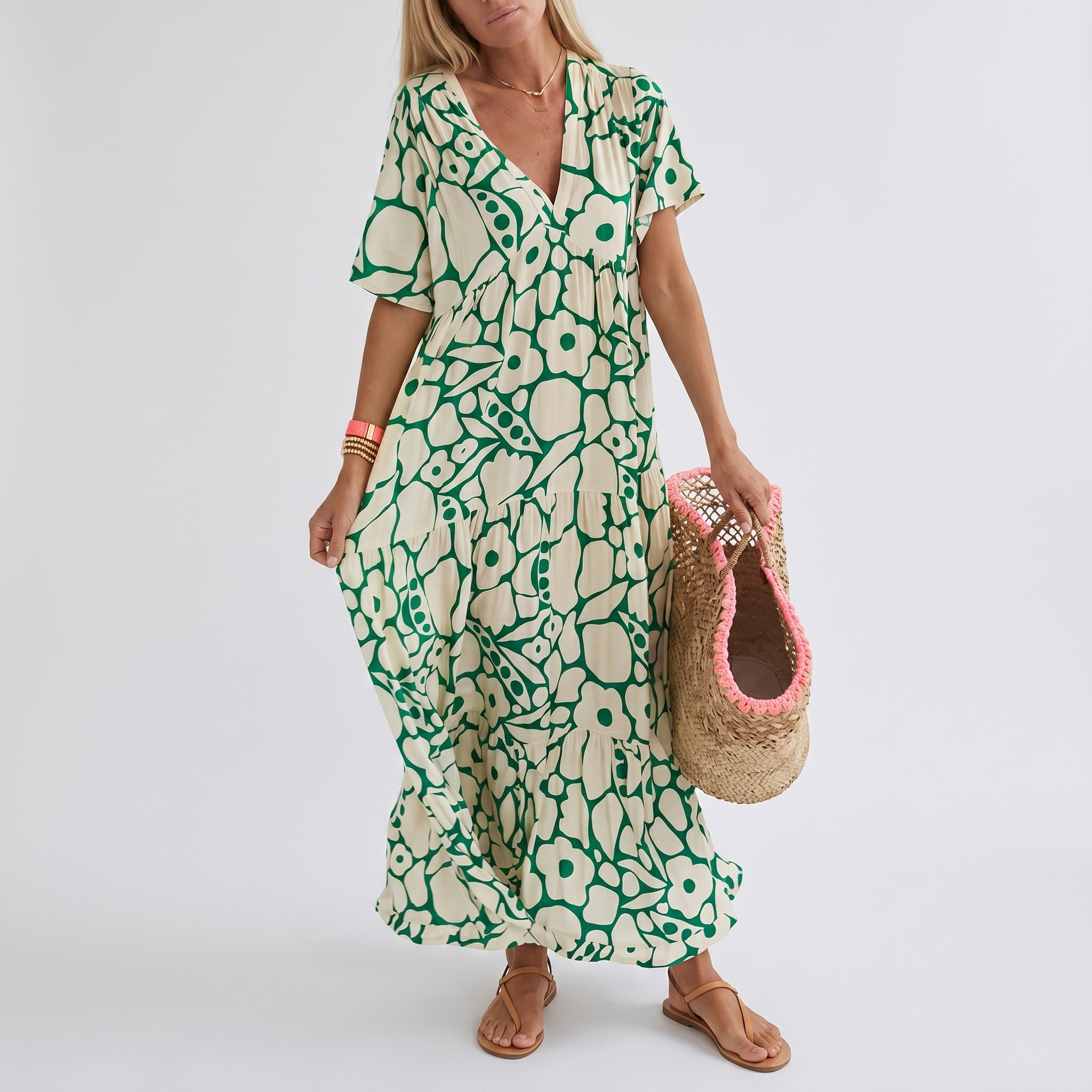 Robe Ample Imprimée Col V Femme Robe Maxi Décontractée d’Été
