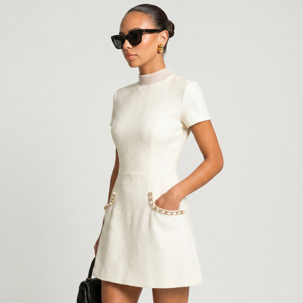 Robe Mini Femme Élégante Bordure Perles Manches Courtes Détail Poches