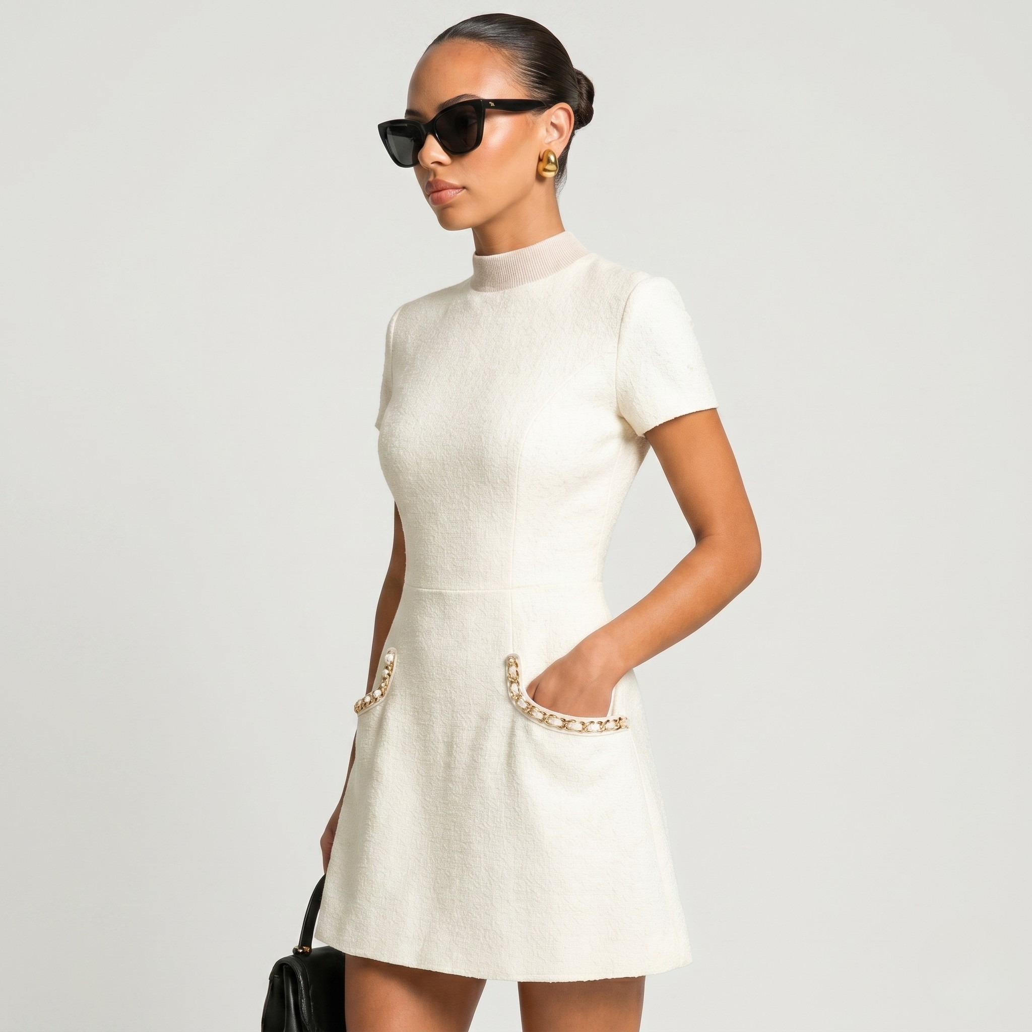 Robe Mini Femme Élégante Bordure Perles Manches Courtes Détail Poches