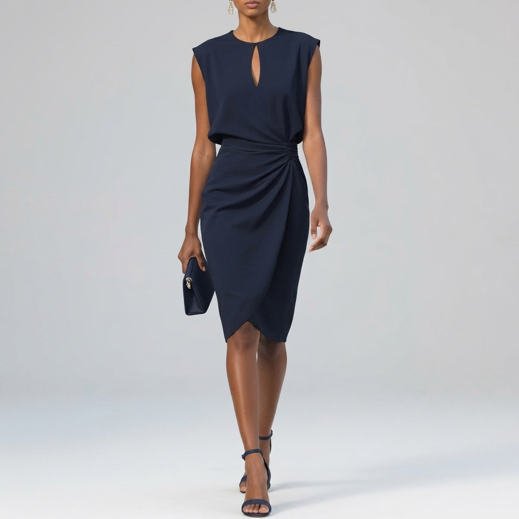 Robe Midi Femme Col Découpé Élégante Robe Moulante Froncée