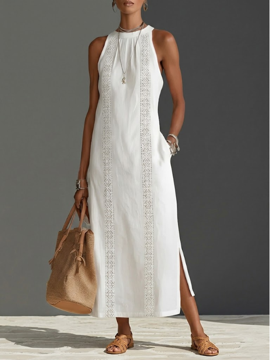 Robe midi brodée | sans manches | col rond | pour événements
