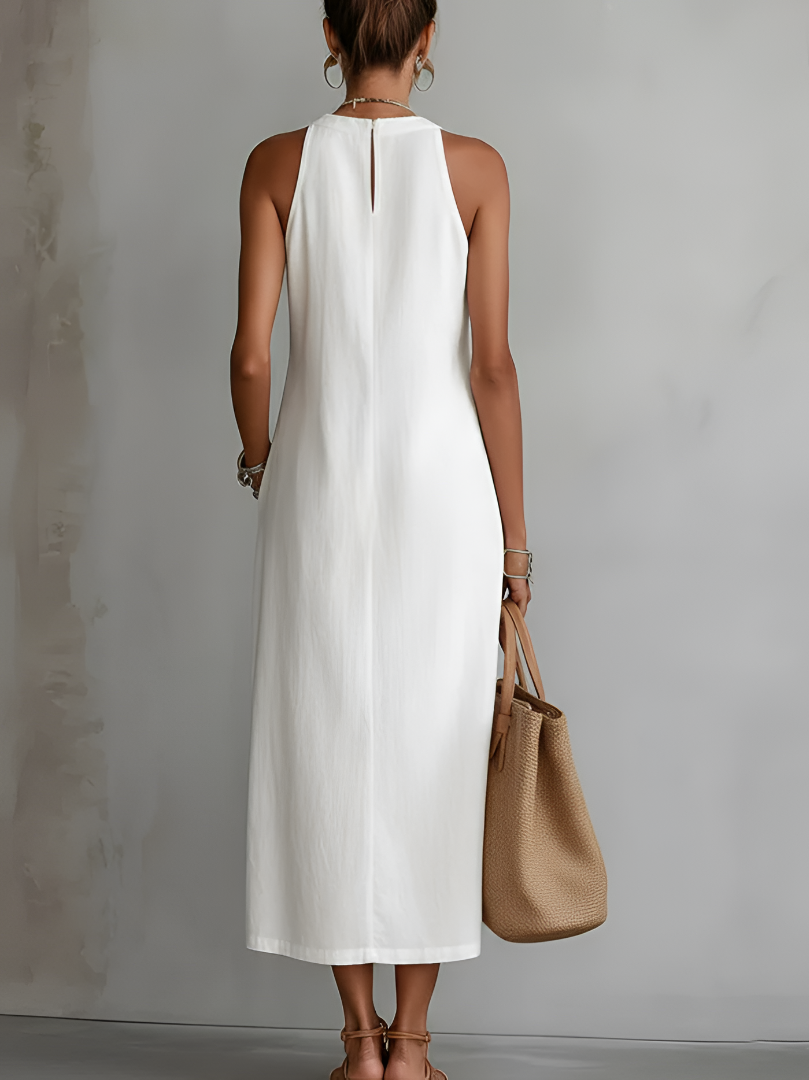 Robe midi brodée | sans manches | col rond | pour événements