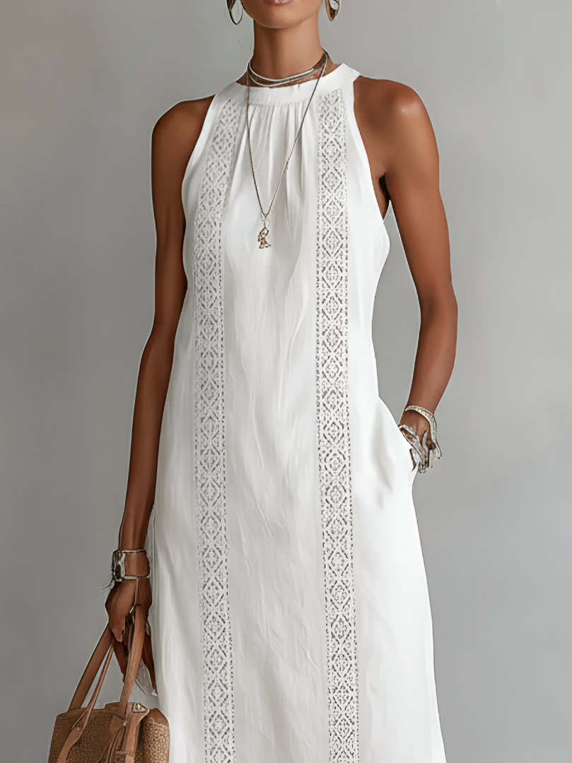 Robe midi brodée | sans manches | col rond | pour événements