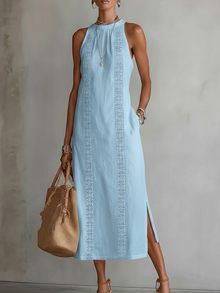 Robe midi brodée | sans manches | col rond | pour événements