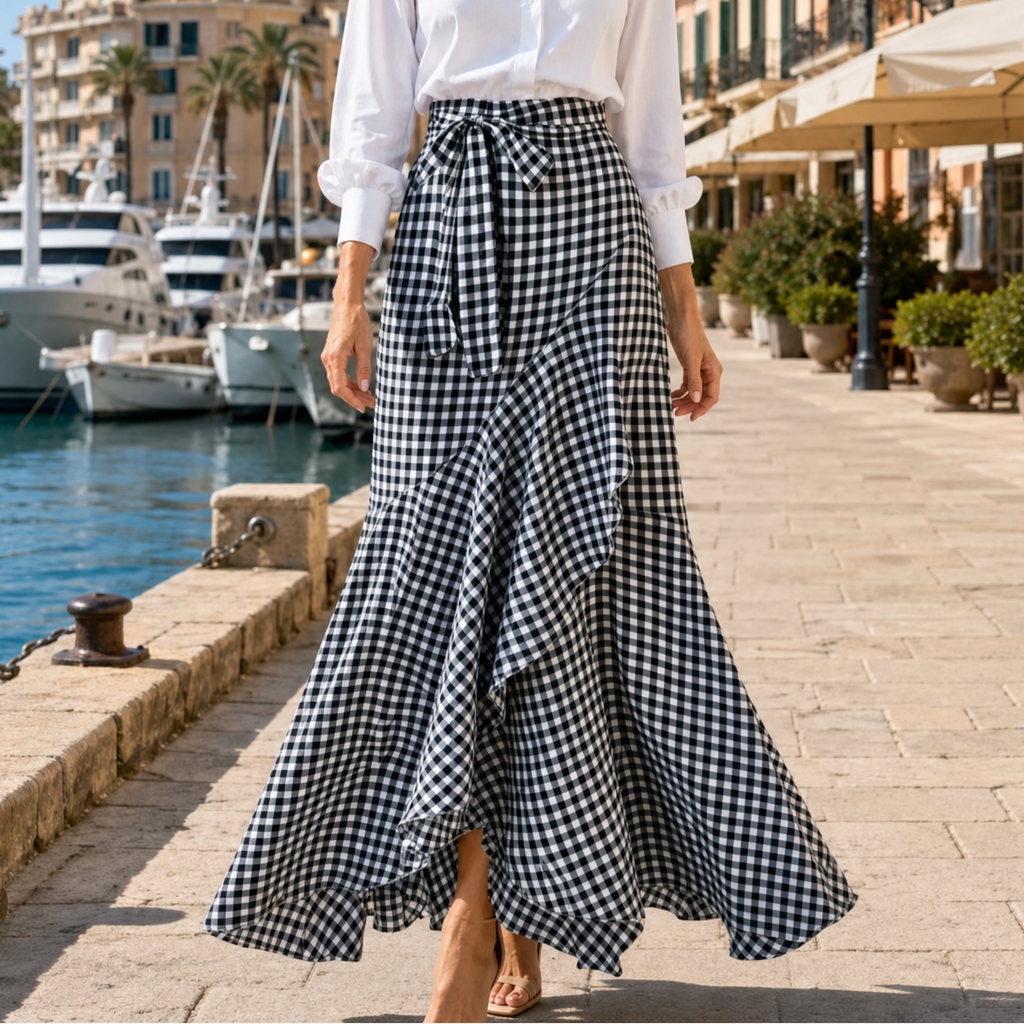 Veluna – Jupe maxi asymétrique à volants en vichy pour femmes