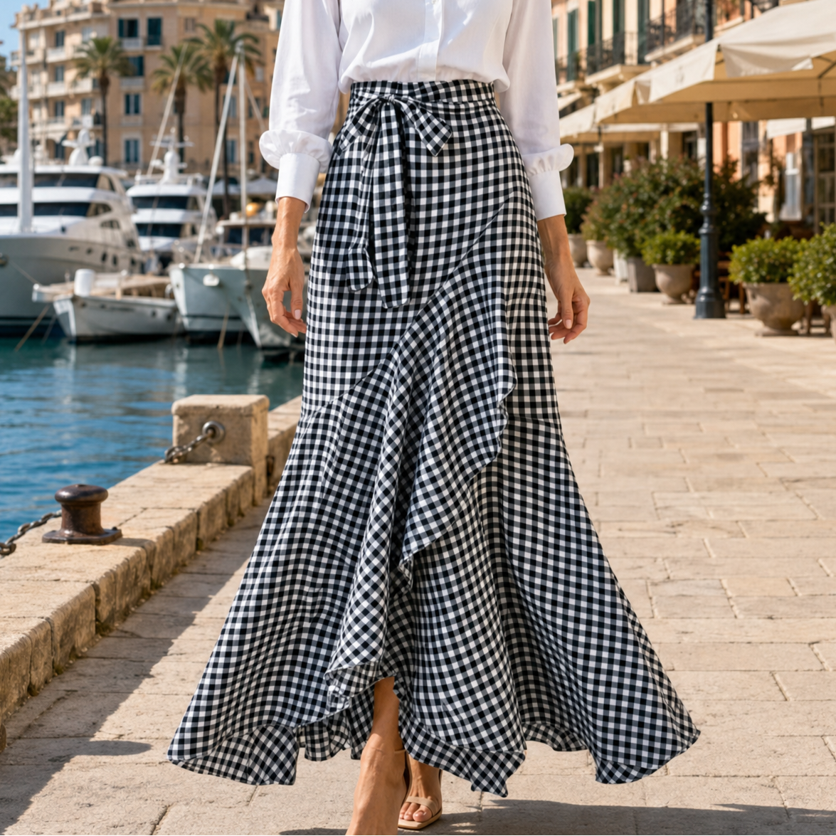 Veluna – Jupe maxi asymétrique à volants en vichy pour femmes