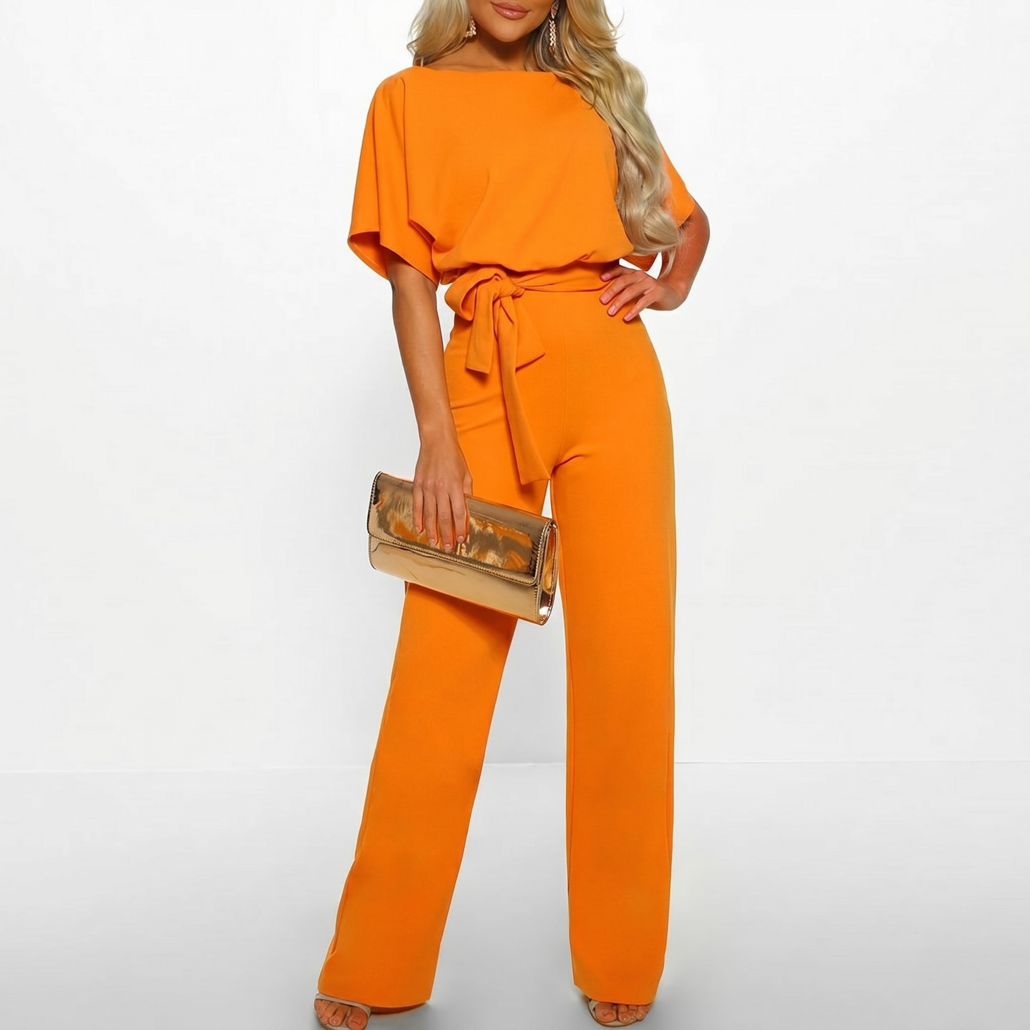 Combinaison Femme Manches Courtes Décontractée Coupe Large Ceinture Élégante