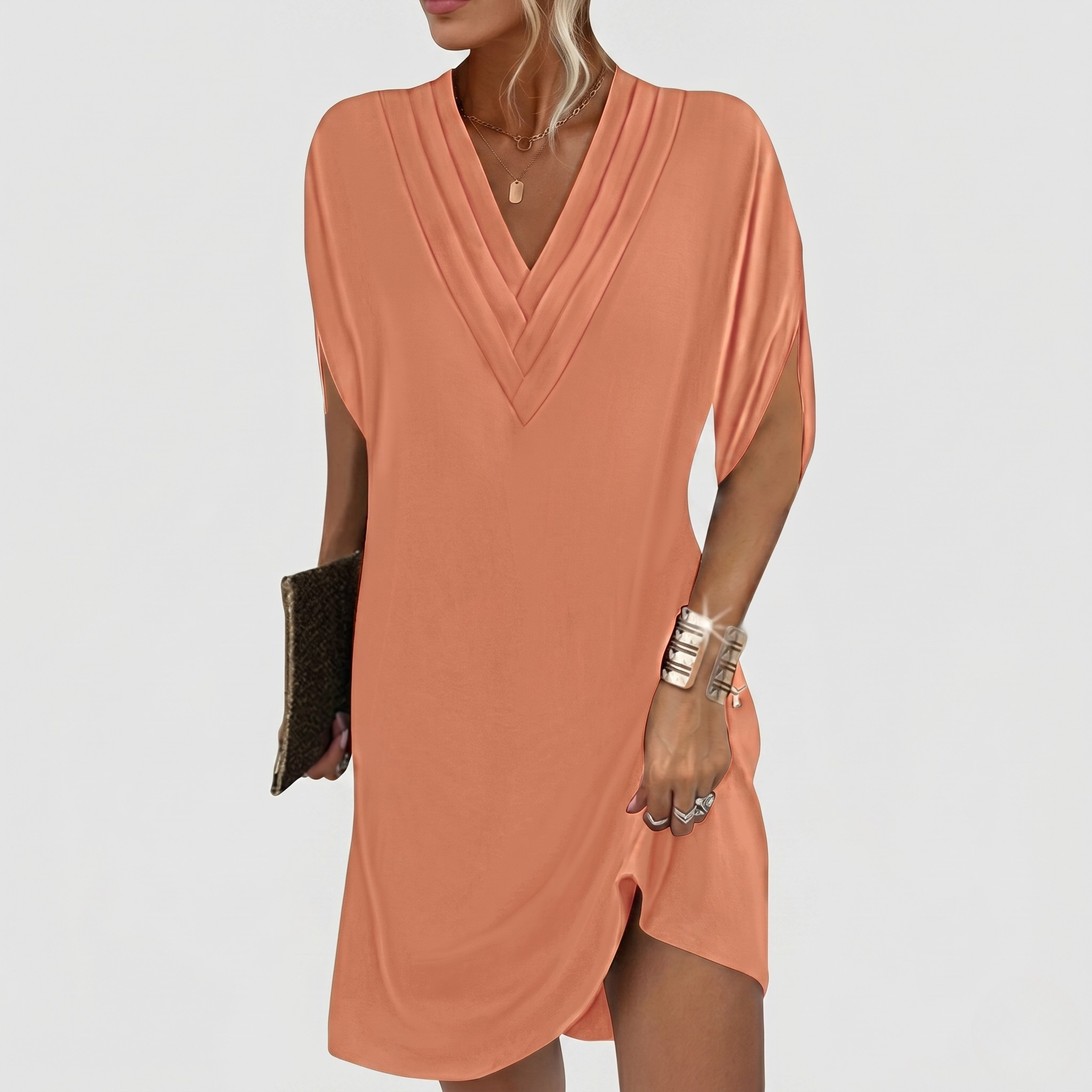 Robe Élégante Unie Femme Robe Col V avec Manches Fendues Style Cache-Cœur