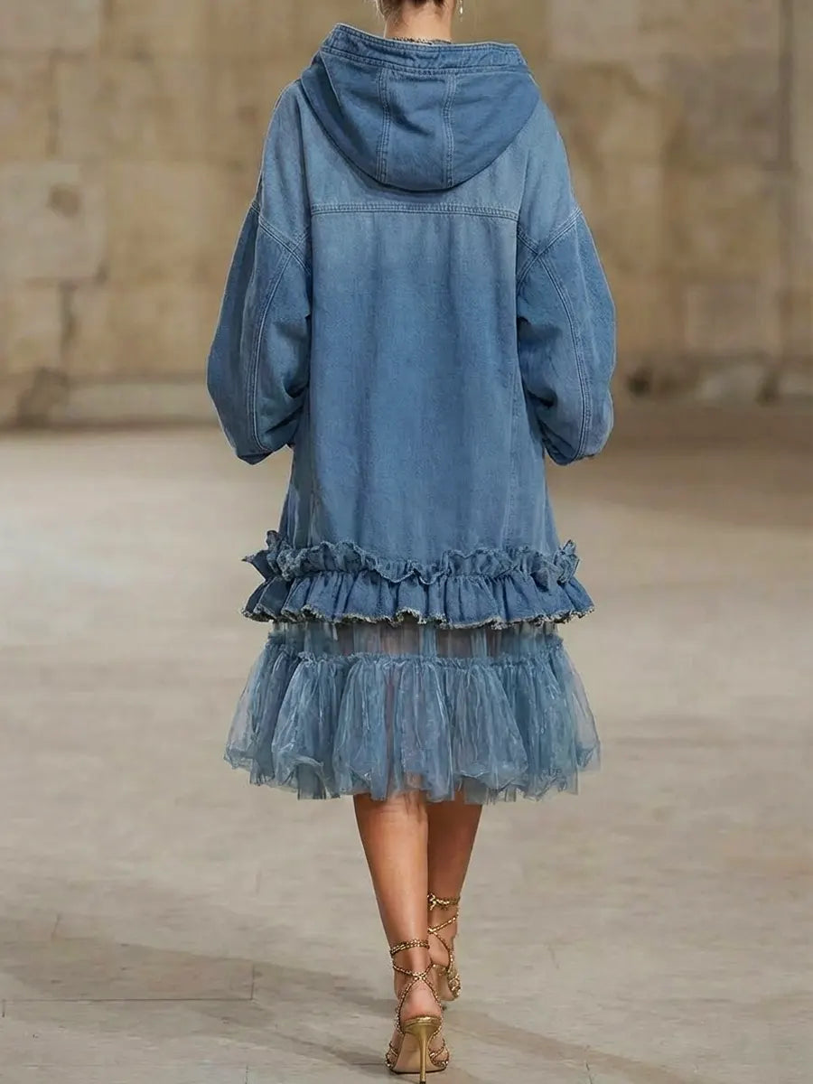 Robe Maxi Casual Femme en Denim Organza Rétro avec Capuche et Volants