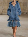 Robe Maxi Casual Femme en Denim Organza Rétro avec Capuche et Volants