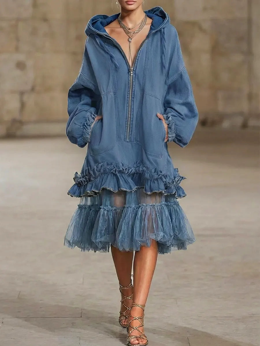 Robe Maxi Casual Femme en Denim Organza Rétro avec Capuche et Volants