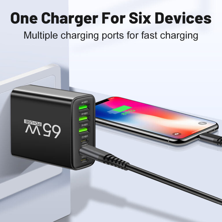 PowerMax 65W Chargeur Rapide 6-en-1 – Charge Jusqu'à 6 Appareils Simultanément – Idéal Pour la Maison, le Bureau et les Voyages