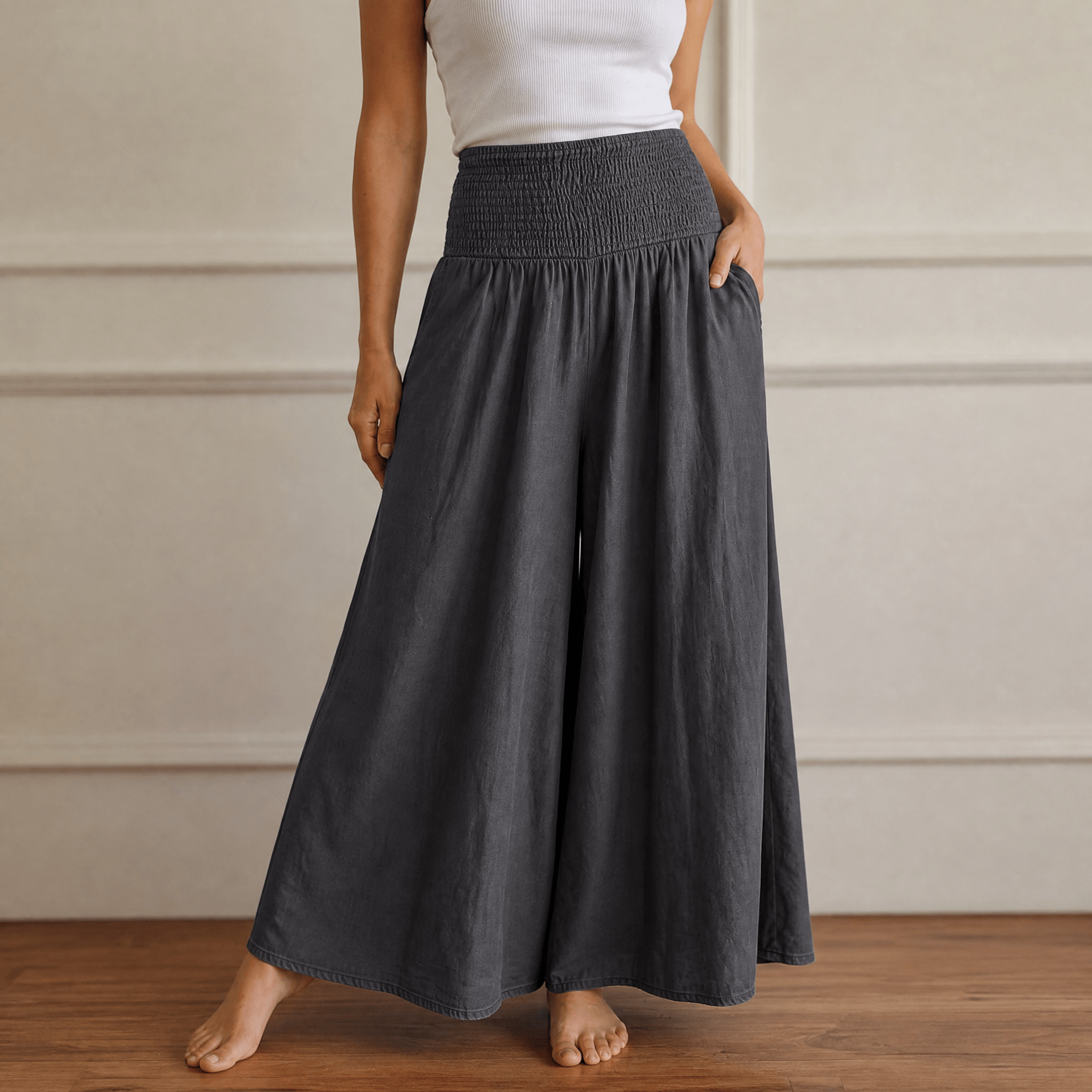 Palazza – Pantalons Palazzo à Taille Smockée et Jambes Amples