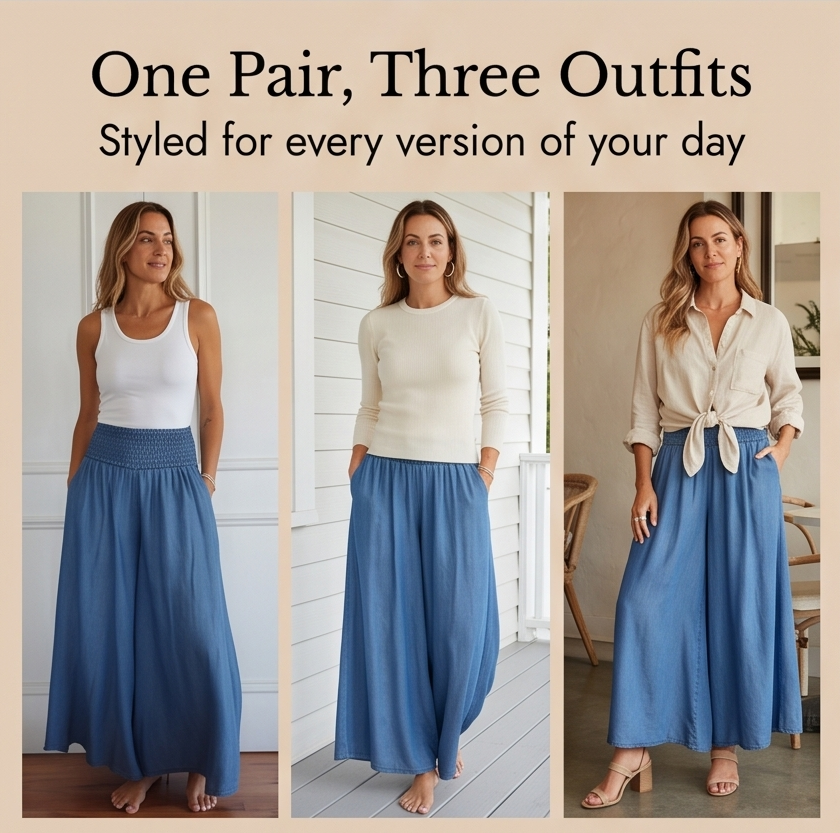 Palazza – Pantalons Palazzo à Taille Smockée et Jambes Amples