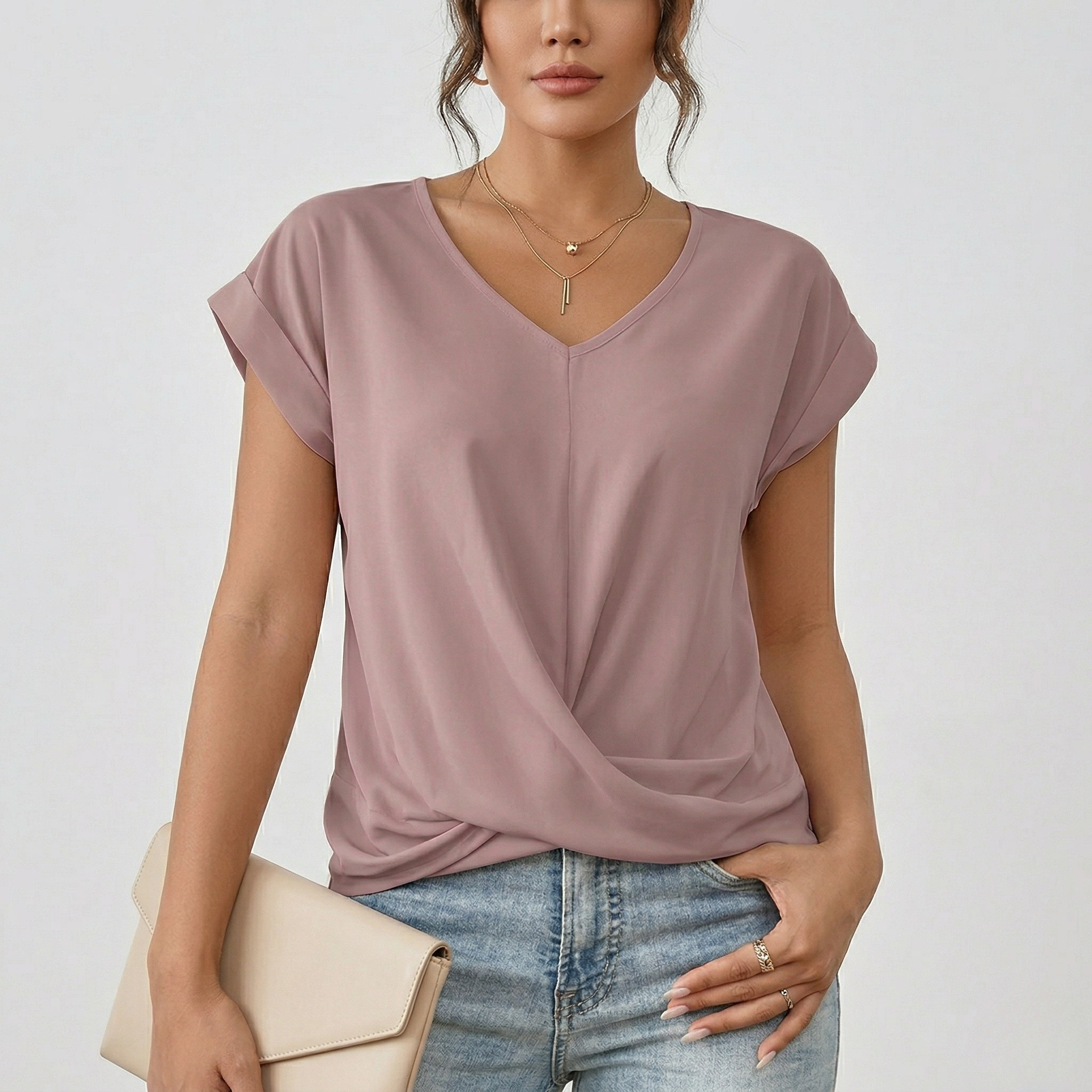 T Shirt Femme Col V Détail Croisé Style Décontracté Quotidien