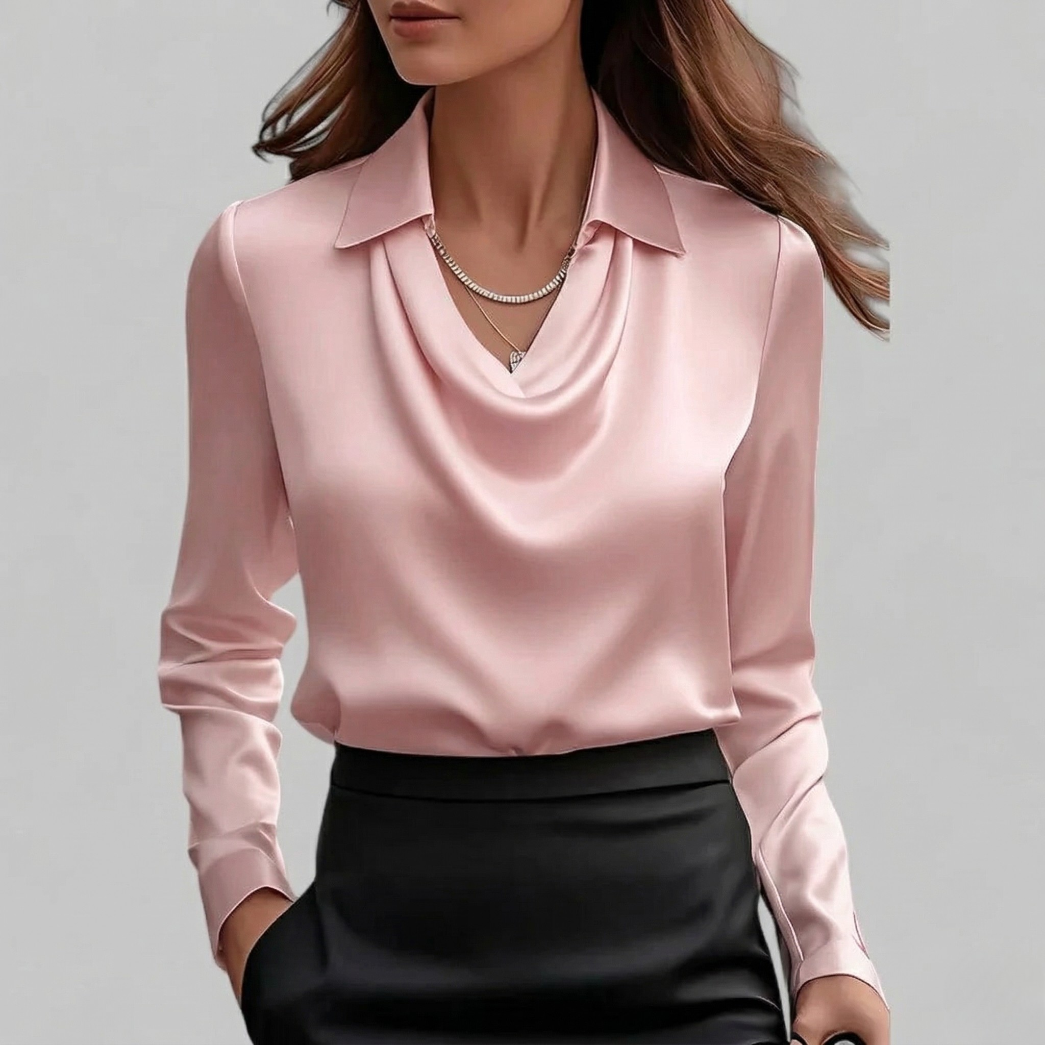 Blouse Femme Élégante Col Cascade Manches Longues
