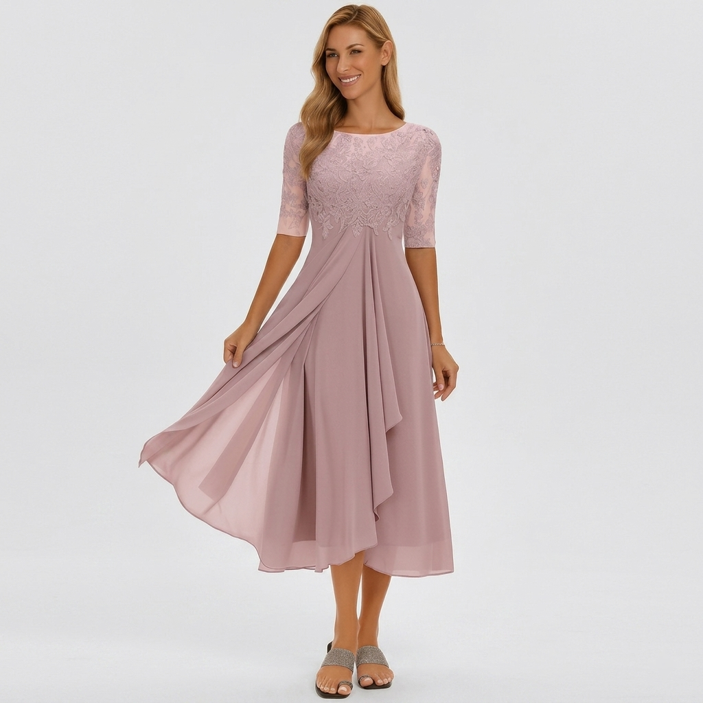 Robe Midi Femme Élégante Coupe A Robe Fluide Dentelle Habillée