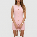 Robe Mini Femme Sans Manches Boutons Cœur Col Rond Coupe Ajustée Élégante