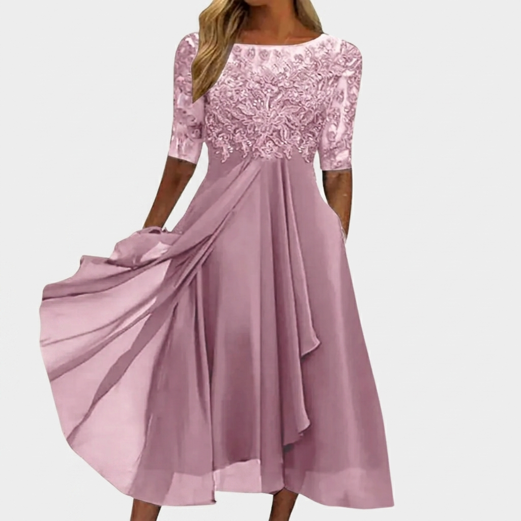 Robe Femme Élégante Dentelle Robe Midi Fluide Habillée