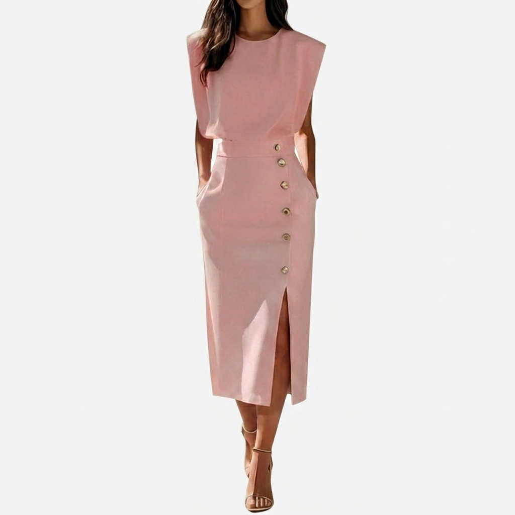 Robe Midi Femme Élégante avec Boutons Latéraux et Fente