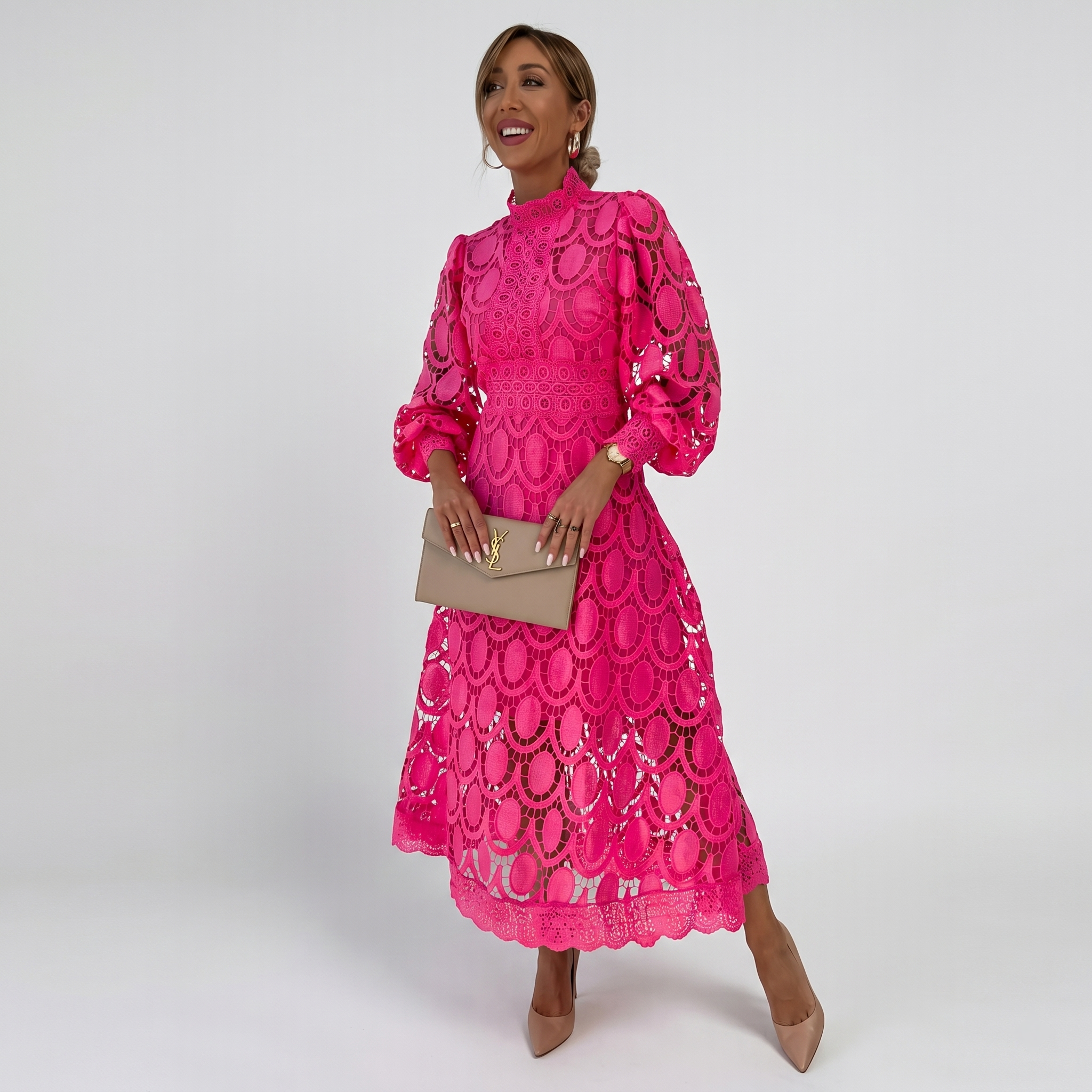 Robe Midi Femme Dentelle Robe Élégante Manches Longues Habillée