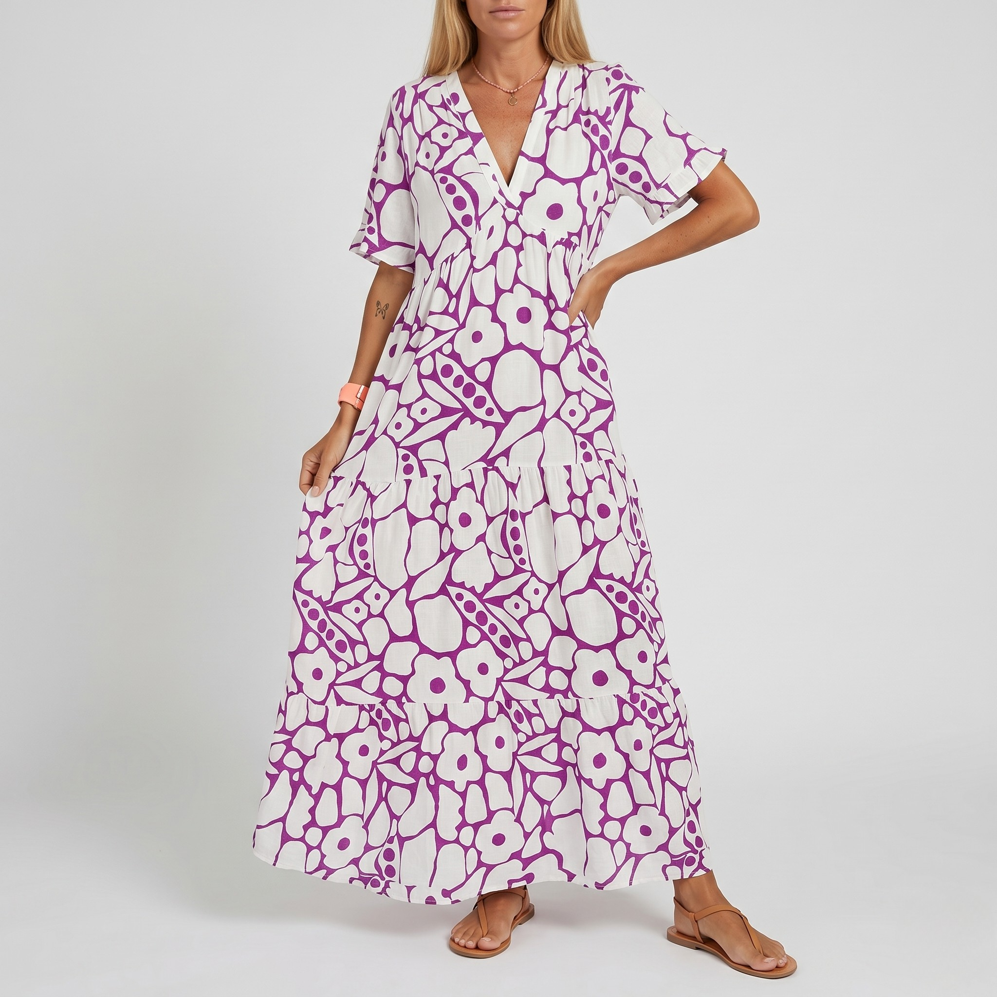Robe Ample Imprimée Col V Femme Robe Maxi Décontractée d’Été